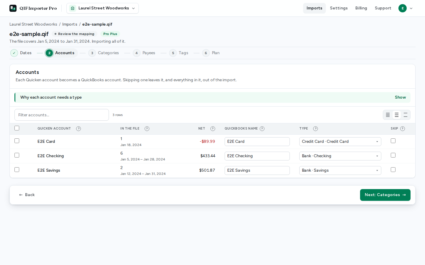The Accounts step: each Quicken account with what the file holds for it, the name it takes in QuickBooks and the account type it becomes.